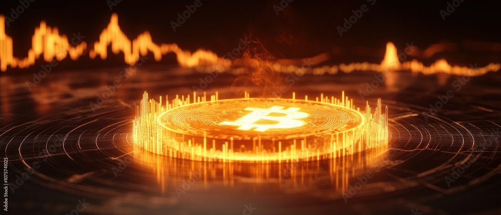 Poster a glowing bitcoin symbol surrounded by digital data waves and graphs.