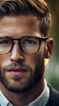 A close-up portrait of a man with brown hair and a beard, wearing tortoise-shell glasses