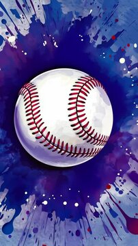 A baseball sits against a blue and purple background, with splattered paint accents