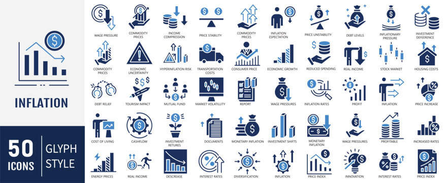 Inflation solid Icon set. Containing Price Increase, Cost Surge, Inflation Rate, Economic Impact and Consumer Prices and more. Vector Illustration