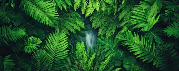 Fototapeta premium A lush green scene featuring ferns surrounding a serene waterfall, creating a tranquil and vibrant natural landscape.