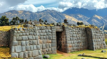 Naklejka premium Remains of ancient megalithic complex with huge, massive stones, beautiful landscape with mountains at the background
