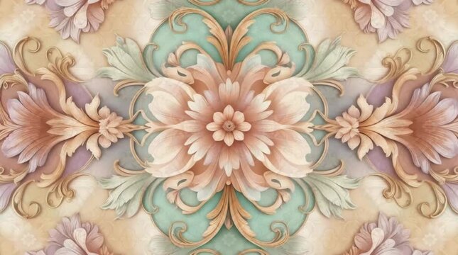 A seamless floral pattern with intricate carvings of flowers, leaves, and swirls, in soft pastel colors.
