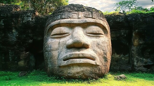 Giant Olmec head sculpture in jungle, travel and culture concept 