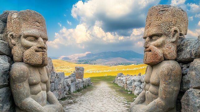The giant statues of gods at Hattusa, the ruins of ancient Hittite capital. Beautiful landscape with mountains at background 
