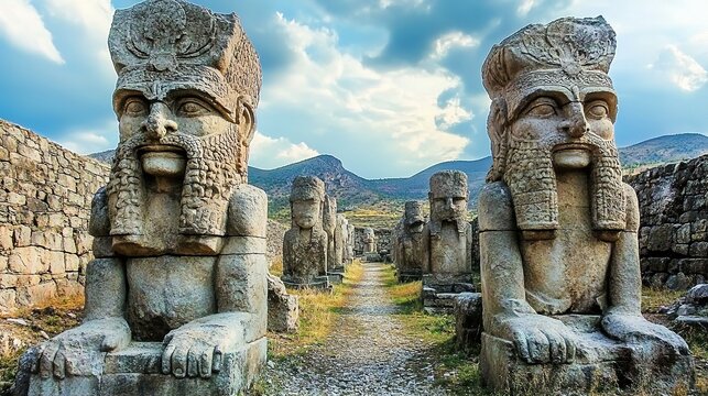 The giant statues of gods at Hattusa, the ruins of ancient Hittite capital. Beautiful landscape with mountains at background 