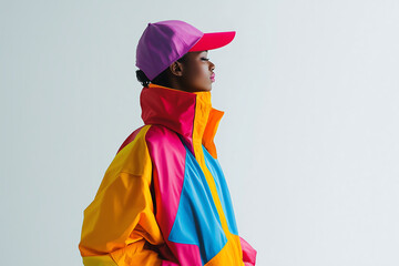 Colorful fashion portrait featuring model in vibrant jacket and cap, showcasing bold color blocking. stylish look emphasizes modern streetwear trends
