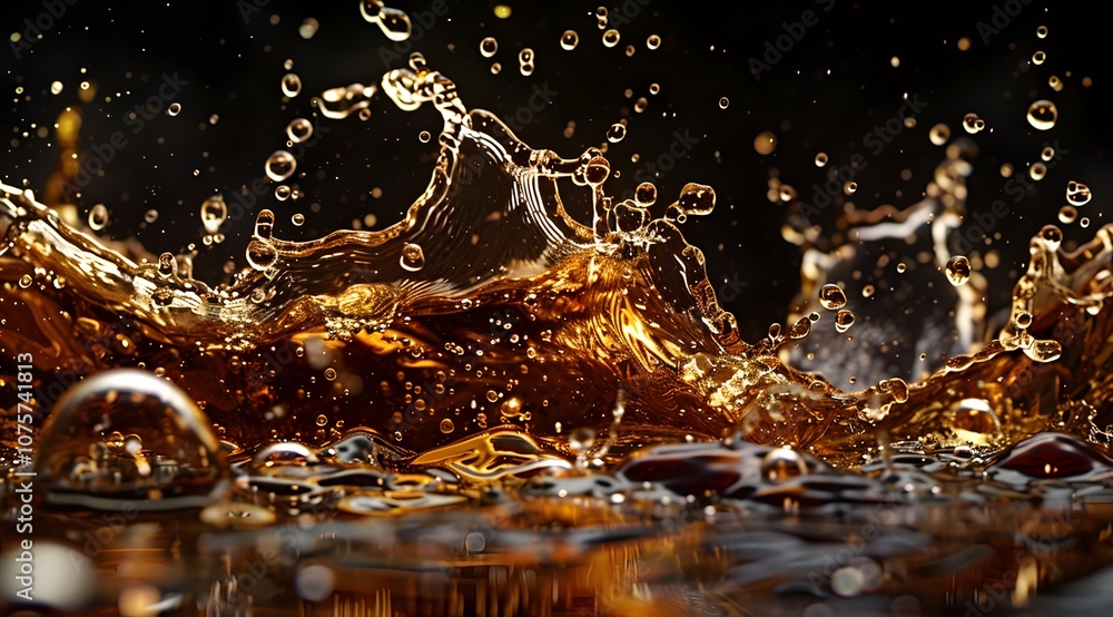 Poster a close-up of splashing liquid, showcasing bubbles and dynamic movement in a dark setting.