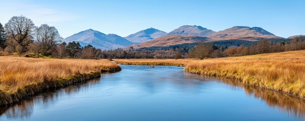 A serene river flows through a golden meadow, framed by mountains under a clear blue sky, capturing a tranquil natural landscape.