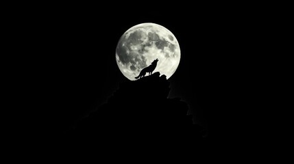 A lone wolf howls at the full moon, silhouetted against the night sky.