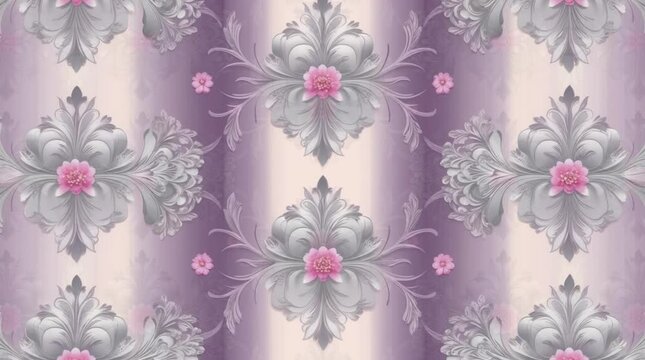 A seamless pattern with ornate silver floral designs and pink flowers against a pale pink and lavender ombre background.
