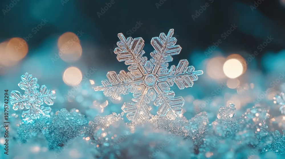 Poster a delicate snowflake rests on shimmering snow, illuminated by soft, glowing lights, creating a seren