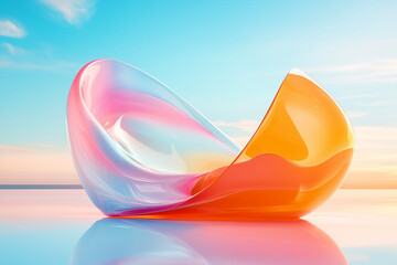 Colorful abstract sculpture reflecting soft sunlight on a tranquil horizon by the seaside during golden hour