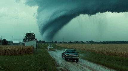 Truck drives on muddy road beside a tornado in a rural field. Concept of extreme weather and danger.