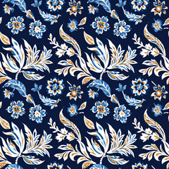 Indonesian Batik seamless pattern featuring traditional floral and leaf motifs in vibrant colors