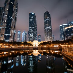 Naklejka premium Busy cityscape at night with lights reflecting off skyscrapers