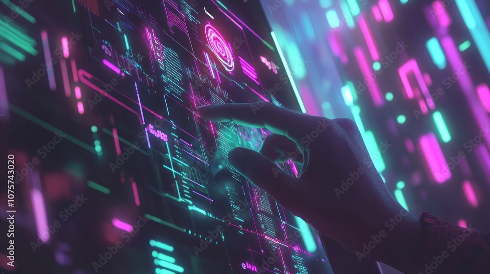 Aufkleber a hand interacts with a vibrant digital interface featuring neon graphics and data.