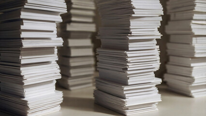 Stacks of blank white cards or paper are arranged in rows, creating a sense of order and repetition