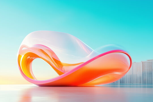 A colorful abstract sculpture rests on a sunny outdoor terrace against a bright blue sky