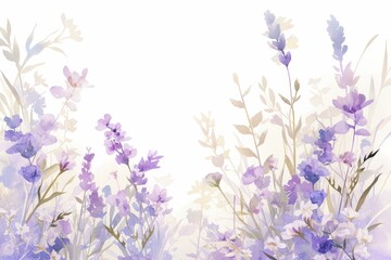 Naklejka premium Gentle watercolor-style border featuring lavender flowers in soft purple tones with green leaves, perfect for delicate and natural-themed designs..