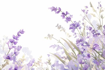 Fototapeta premium Gentle watercolor-style border featuring lavender flowers in soft purple tones with green leaves, perfect for delicate and natural-themed designs..