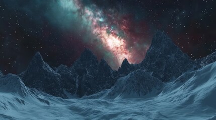 Fototapeta premium A mountain range silhouetted against a vibrant, colorful night sky filled with stars and nebulae.