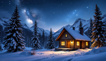 Fototapeta premium Tranquil desktop wallpaper of a snowy mountain cabin beneath a clear, starry winter sky, with snow-covered pines and warm, glowing windows creating a cozy nighttime retreat