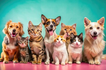 Adorable Faces of Cats and Dogs in Playful Colors, Capturing Petcore Innocence and Joyful Moments in Product Photography