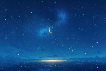Fototapeta premium Calm and serene comic-style background in midnight blue featuring tiny stars and a glowing crescent moon, perfect for night sky or dream-themed designs..