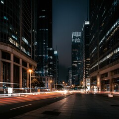 Busy cityscape at night with lights reflecting off skyscrapers