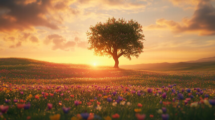 Samotne drzewo w otoczeniu dzikich kwiatów, oświetlone miękkim światłem zachodzącego słońca. 