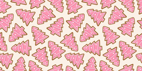 Seamless pattern with pink Christmas tree-shaped gingerbread cookies with icing on a light background. Perfect for festive wrapping paper, holiday decor, or seasonal backdrops. New Year, Noel, Xmas.