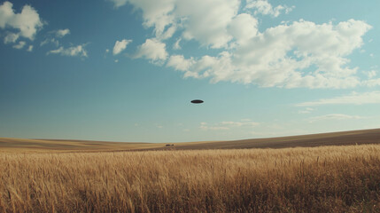 Obraz premium Niezidentyfikowane zjawisko na niebie zaobserwowane nad polem, gdzie na tle przestrzeni rozpościera się tajemniczy obiekt, przyciągający uwagę swoim niezwykłym kształtem.