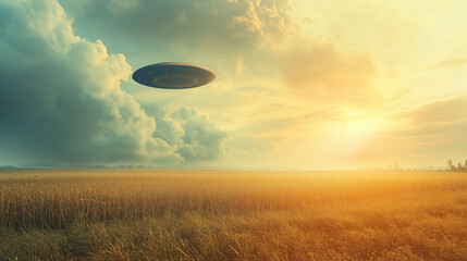 Fototapeta premium Niezidentyfikowane zjawisko na niebie zaobserwowane nad polem, gdzie na tle przestrzeni rozpościera się tajemniczy obiekt, przyciągający uwagę swoim niezwykłym kształtem.