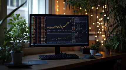 A cozy workspace featuring a computer displaying financial charts and plants.