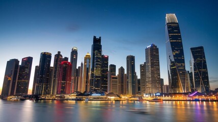 Naklejka premium Busy cityscape at night with lights reflecting off skyscrapers