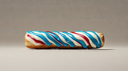   A donut with blue, white, and red icing on top of a piece of bread with a bite taken out