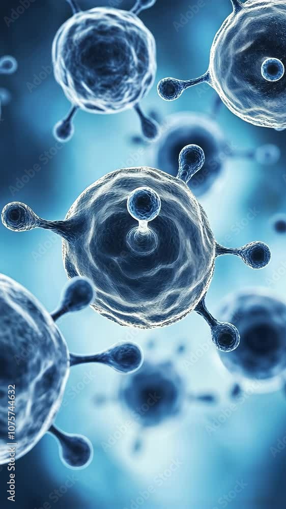 Poster a microscopic image of a virus, showing its intricate structure and spiky surface