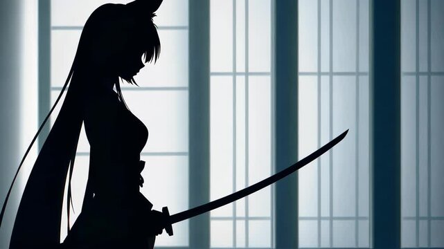 Dynamic D art of a fierce fox girl in a kimono, wielding a katana in a fighting stance with sharp ears.