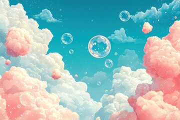 Calm and dreamy comic-style background in soft pastel tones, featuring gentle clouds and light bubbles, perfect for tranquil and whimsical designs..