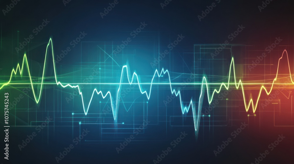 Poster abstract visualization of sound waves with colorful gradients and geometric elements.