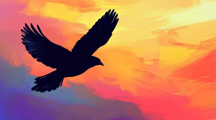 Obraz premium A black silhouette of a bird flying in a colorful sky.