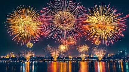 Vibrant Fireworks Exploding Over Waterfront Cityscape During Evening Festival : Generative AI