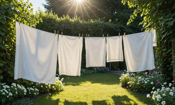 White sheets hang on a clothesline in a sunny backyard
