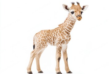 Naklejka premium the beside view baby Northern Giraffe standing, left side view, low angle, white copy space on right, Isolated on White Background