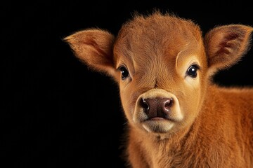 Mystic portrait of baby African Buffalo in studio, copy space on right side, Headshot, Close-up View, isolated on black background