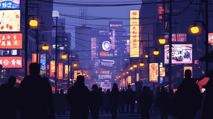 A bustling city street at night with neon signs and people walking.