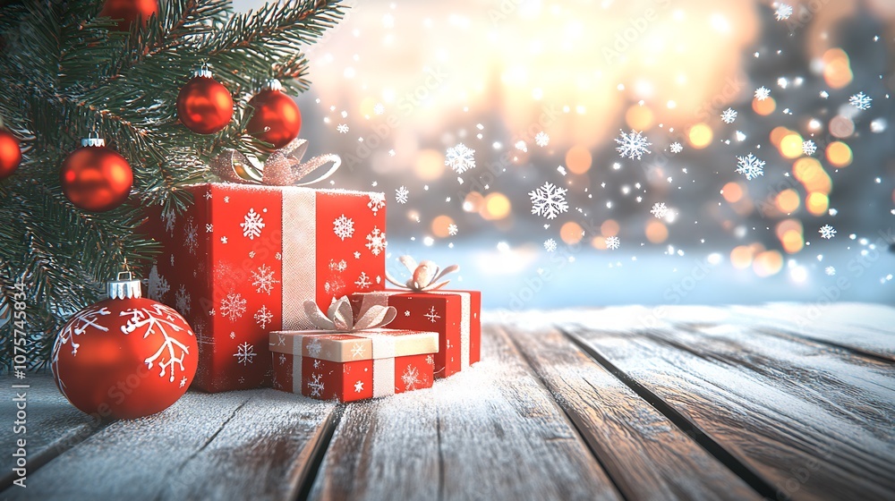 Aufkleber Festive Red Gift Boxes with Bow on Rustic Wooden Table with Christmas Tree in Background : Generative AI