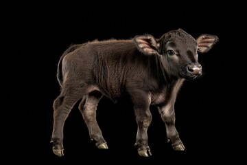Naklejka premium the beside view baby African Buffalo standing, left side view, low angle, white copy space on right, Isolated on black Background