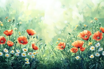 Obraz premium Cheerful and colorful watercolor-style border featuring vibrant wildflowers like poppies and daisies with lush green foliage, perfect for lively, nature-inspired designs..